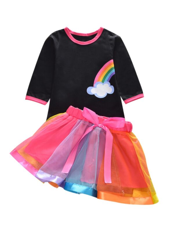 2 Pieces Kid Girl Rainbow Top Matching Bow Mesh Skirt Set