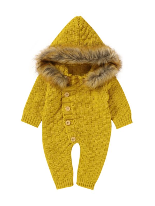 Baby Girl Faux Fur Collar Hooded Knit Jumpsuit