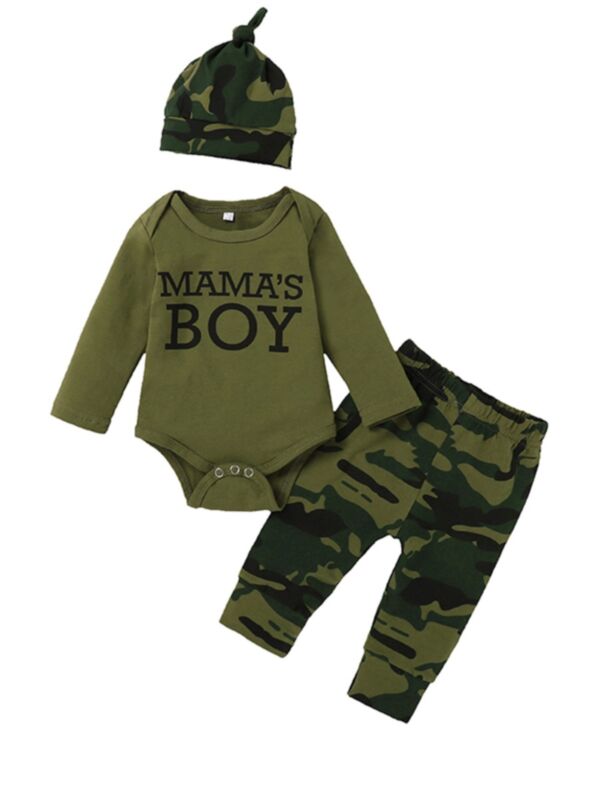 3 Pieces Baby Camouflage Set Letter Bodysuit & Pants & Accessories
