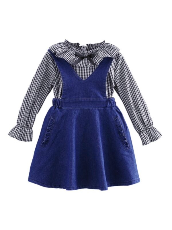 2 Pieces Kid Girl Outfit Plaid Shirt Matching Denim Tank Dress