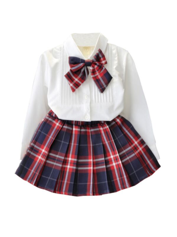 2 Pieces Kid Girl Bowknot Blouse With Pleated Plaid Skirt Set