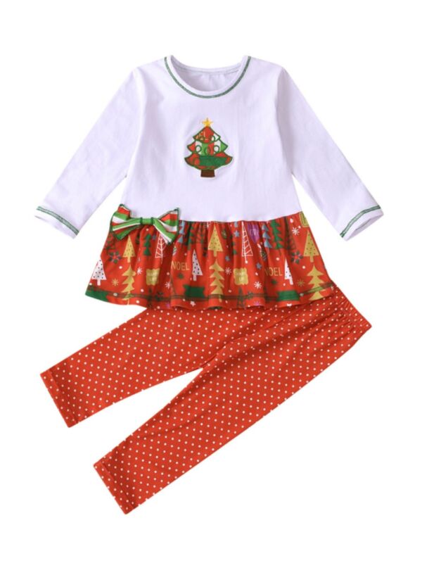 2 Pieces Kid Girl Christmas Set Tree Top With Polka Dots Pants