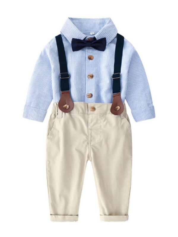 2 Pieces Infant Toddler Boy Formal Set Bowtie Stripe Shirt And Suspender Pants
