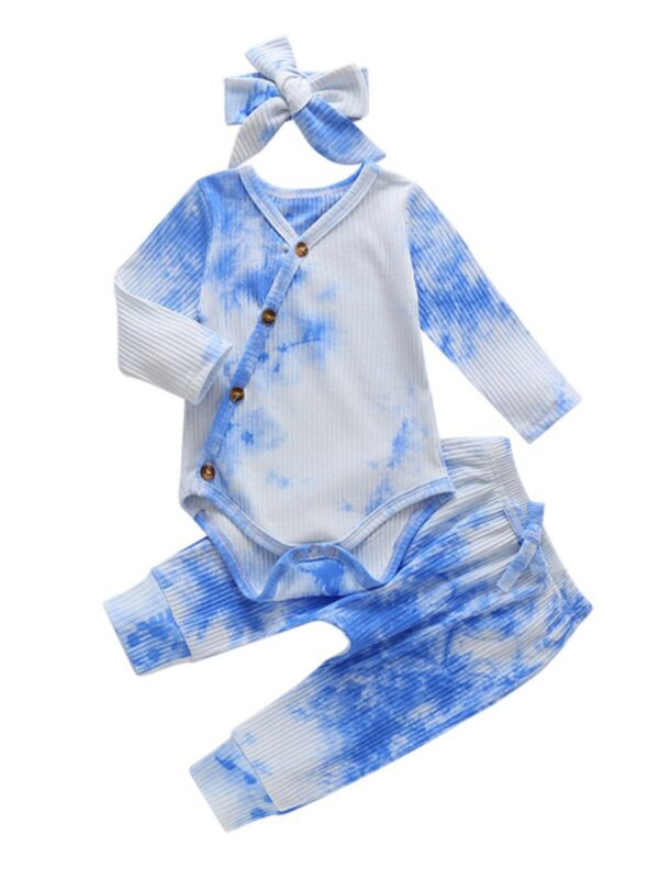 3 Piece Baby Tie-Dye Ribbed Set Buttoned Bodysuit & Pants & Headband