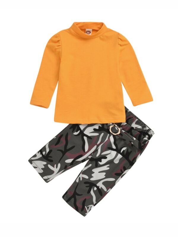 2 Pieces Kid Girl Orange Top With Camo Pants Set