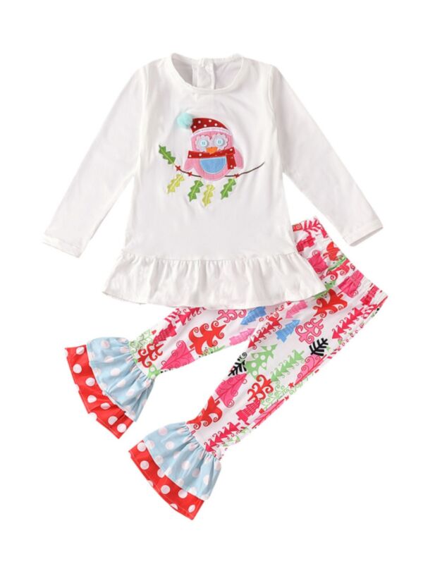2 Pieces Kid Girl Christmas Set Embroidery Owl Top With Flared Pants