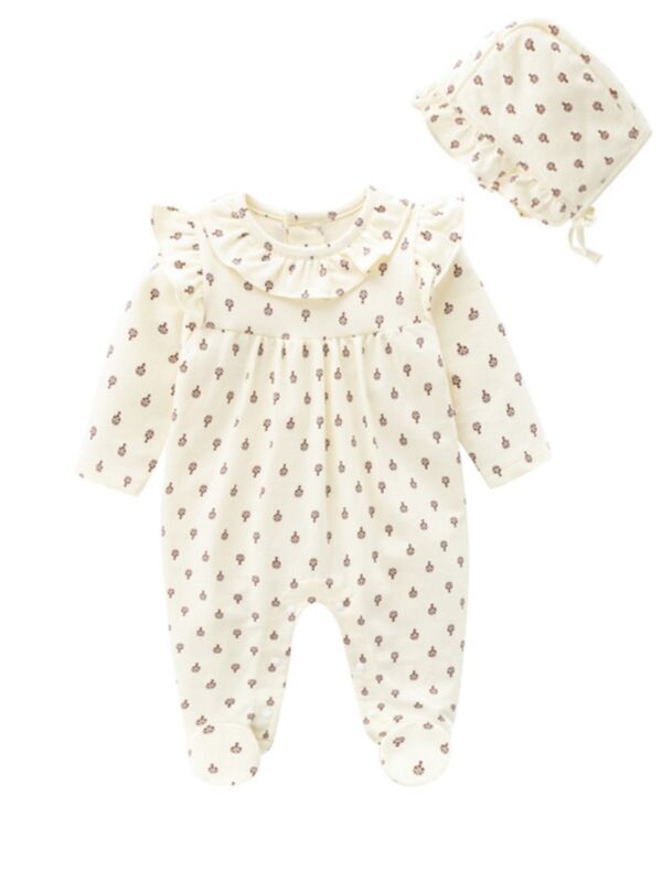 2 Pieces Baby Girl Print Footed Jumpsuit With Hat