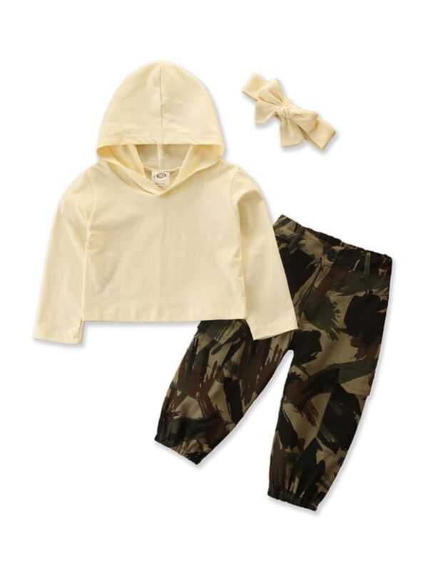 3 Pieces Kid Girl Yellow Hoodie & Camo Trousers & Headband Set 