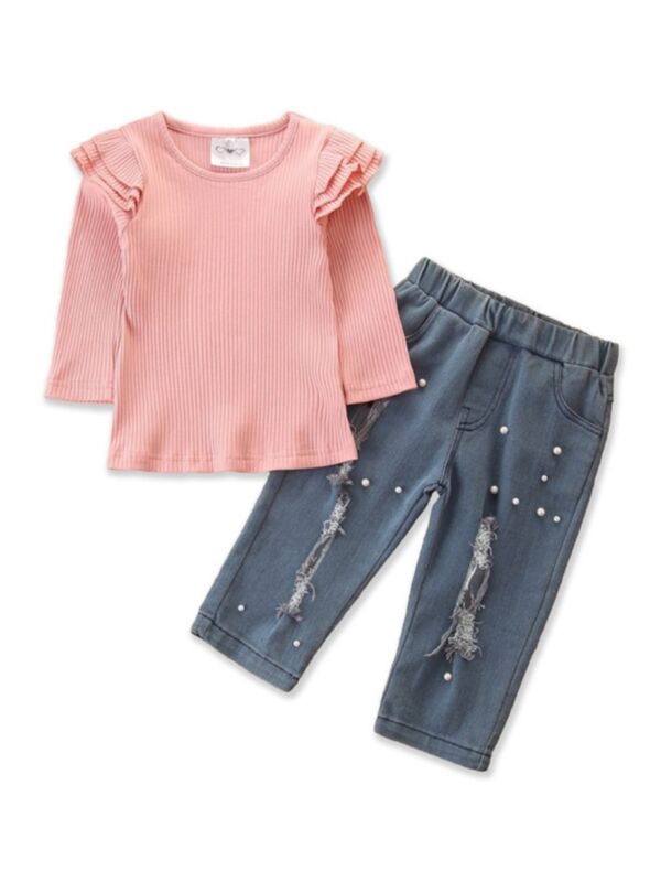 2 PCS Kid Girl Ribbed Pink Top With Beaded Ripped Jeans Outfit