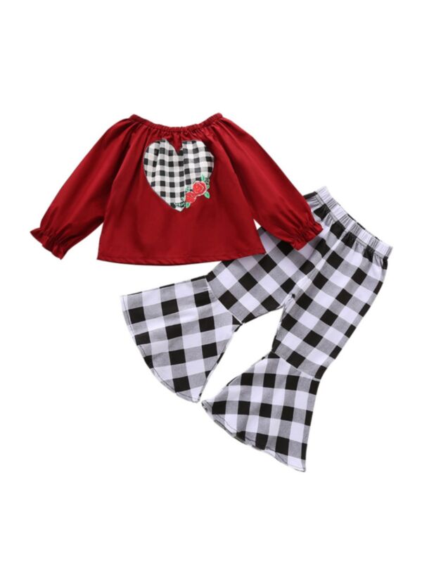 2 Pieces Kid Girl Checked Set Off Shoulder Love Heart Top With Flared Trousers