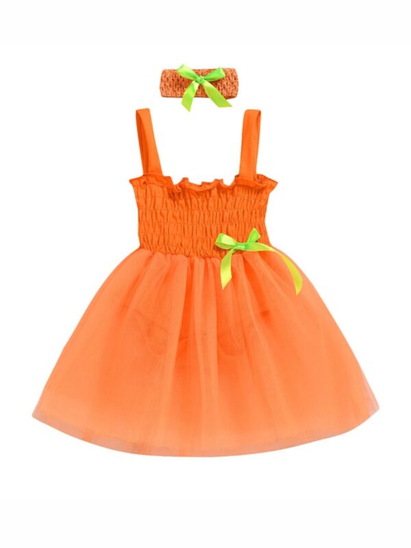 2 Pieces Baby Girl Shirred Orange Cami Mesh Dress With Headband