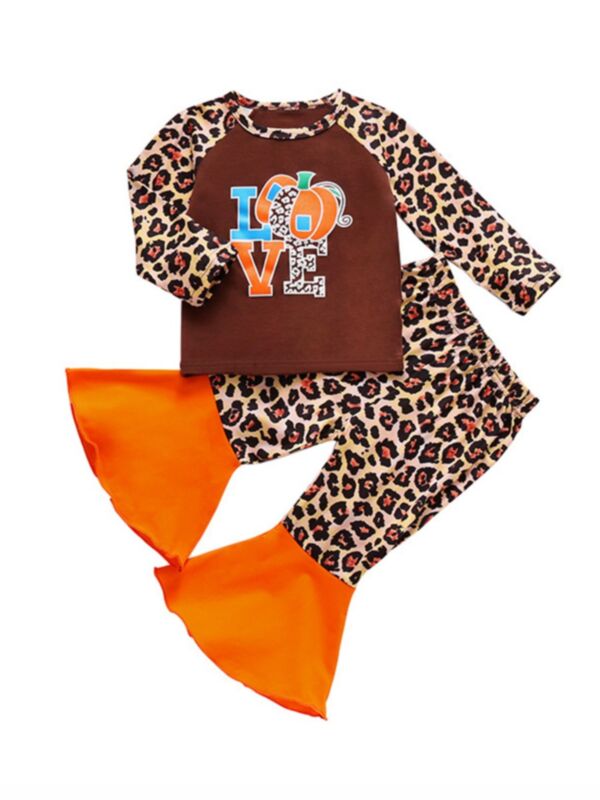 2 Pieces Kid Girl Leopard Set Pumpkin Top With Flared Trousers