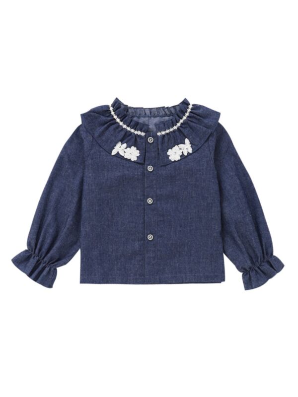Kid Girl Frill Neck Floral Decor Denim Blouse
