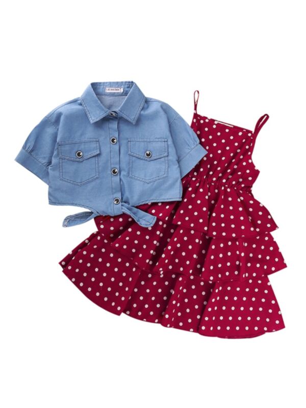 2 Pieces Kid Girl Polka Dots Layered Cami Dress With Denim Shirt