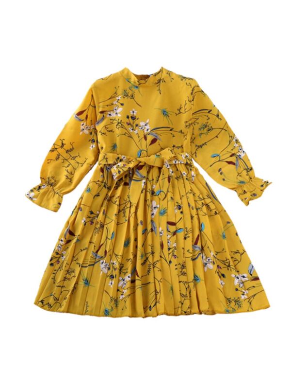 Kid Girl Floral Printed Pleated Yellow Dress