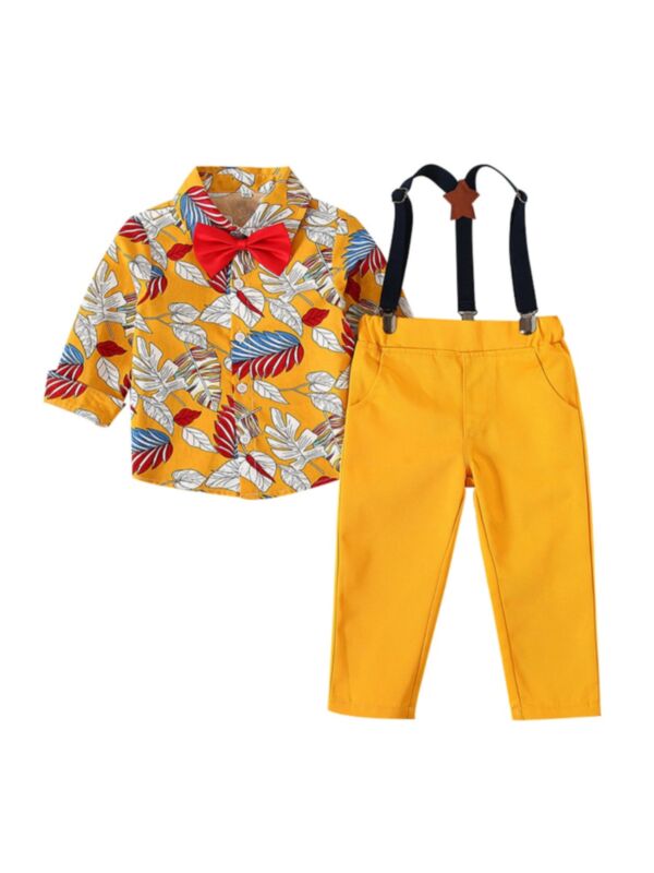 2 Pieces Kid Boy  Bowtie Leaves Shirt Matching Suspender Pants Set
