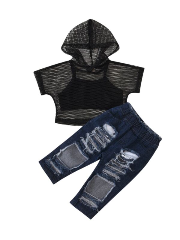 3 Pieces Kid Girl Set Fishnet Hoodie & Tube Top & Ripped Jeans