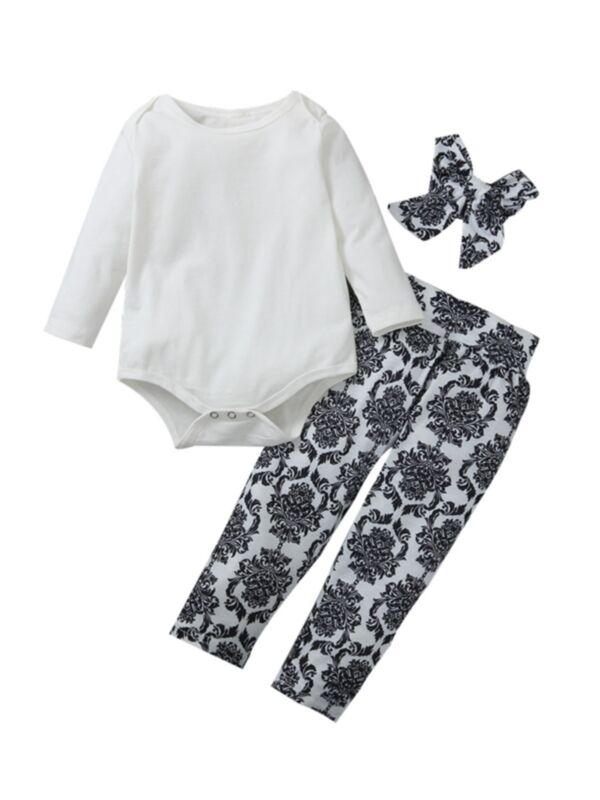 3 Pieces Baby Girl Outfit White Bodysuit & Floral Pants & Headband
