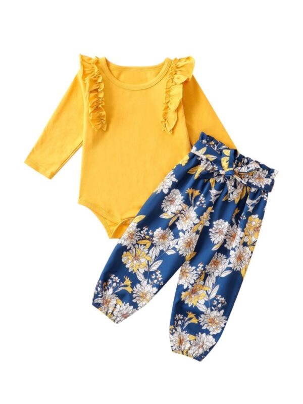 2 Pieces Baby Girl Outfit Ruffle Decor Yellow Bodysuit Matching Floral Belted Pants