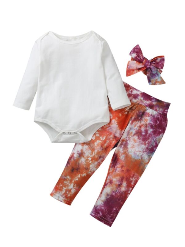 3 Pieces Baby Girl Set White Bodysuit & Tie-dye Trousers & Headband