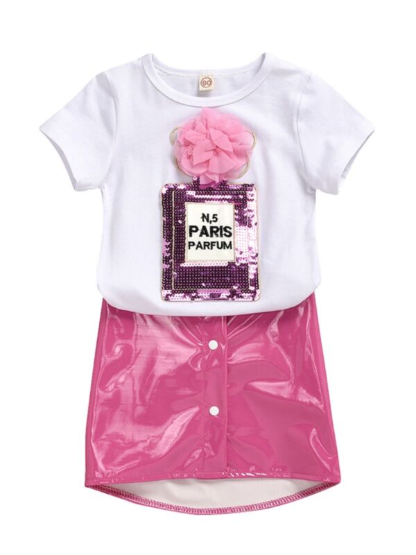 2 Pieces Kid Girl Flowers Sequins Tee With PU Skirt