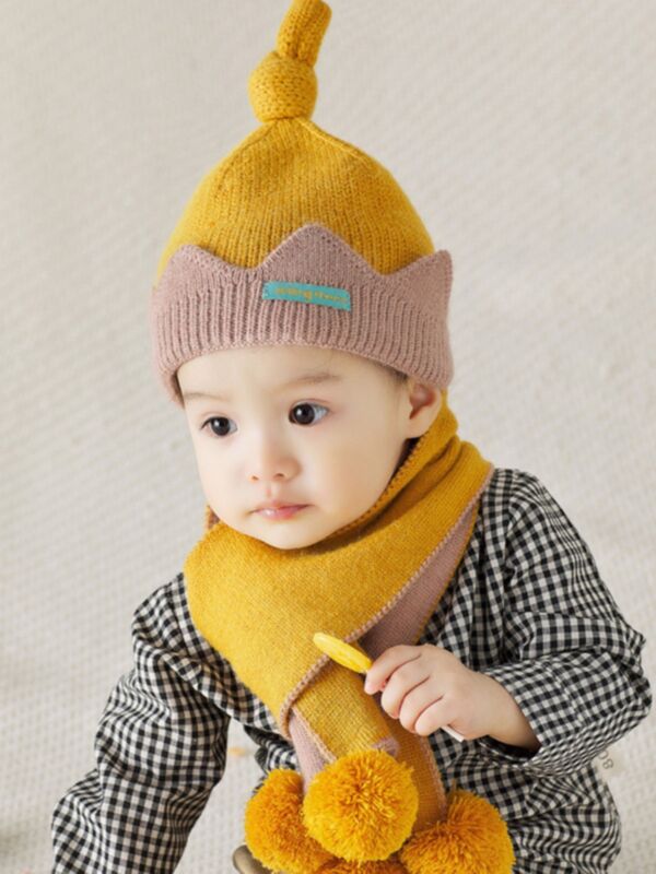 2 Pieces Set Kid Crown Beanie And Pom Pom Scarf