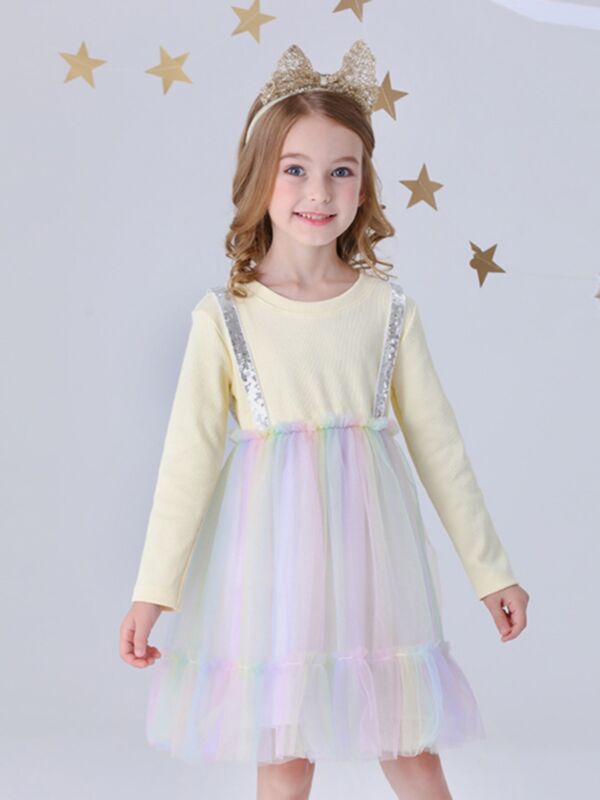 Kid Girl Sequins Rainbow Cami Mesh Dress