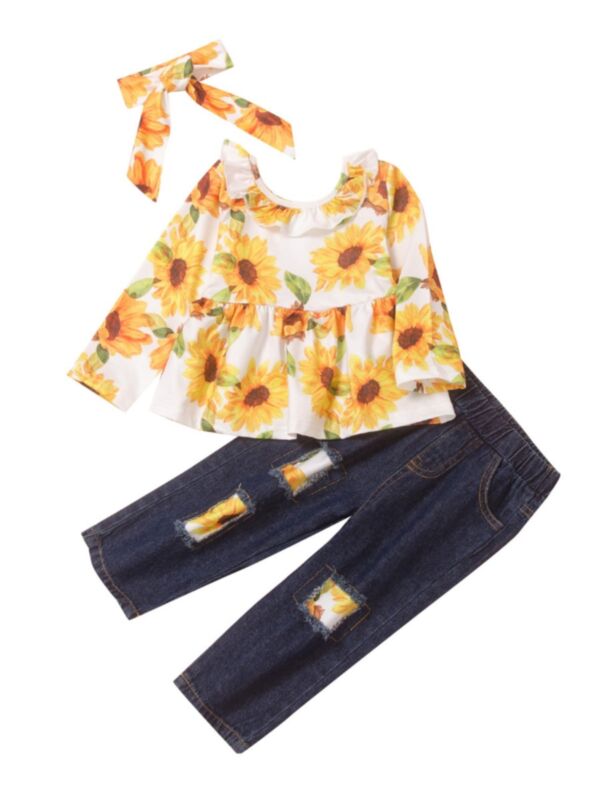 3 PCS Kid Girl Sunflower Peplum Top & Patch Jeans & Headband