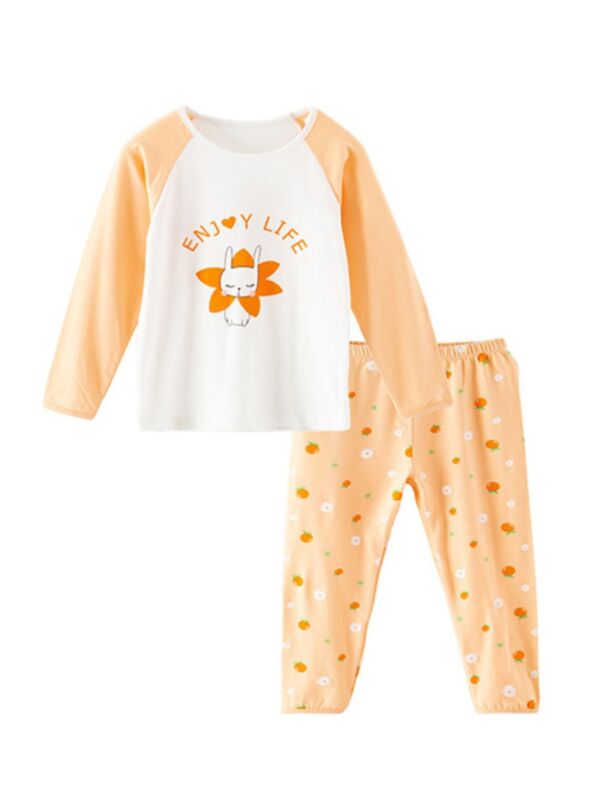2 Pieces Kid Girl Loungewear Set Cat Top With Flowers Trousers