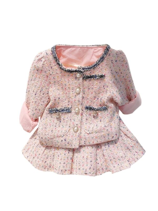 2 Pieces Kid Girl Plaid Outfit Jacket With Pleated Skirt