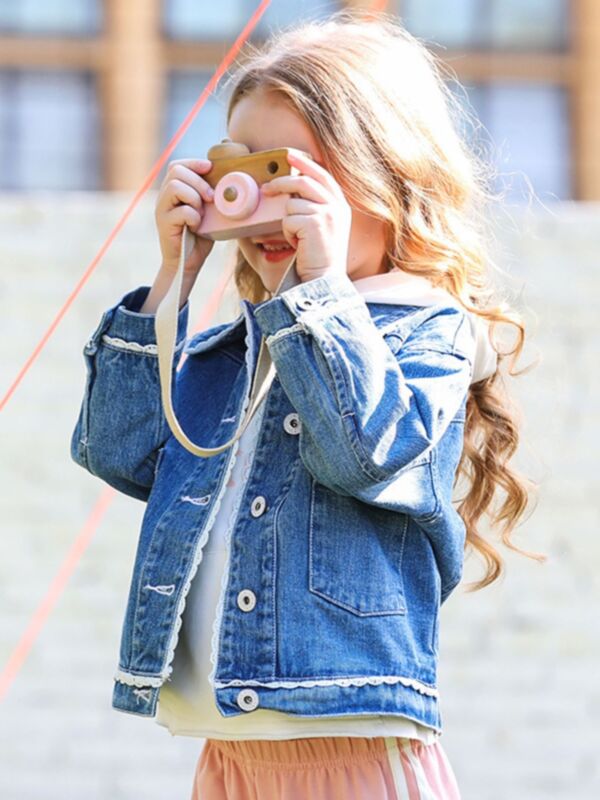 Kid Girl Turn Down Collar Lace Decor Denim Jacket