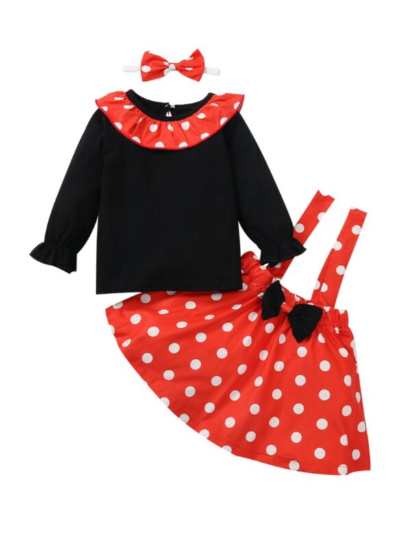 3 Pieces Baby Girl Polka Dots Outfit Black Top & Bowknot Suspender Skirt & Headband