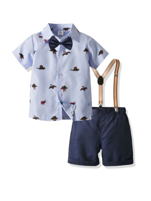 2-Piece Boy Set Bow Stripe Dinosaur Print Shirt & Suspender Shorts