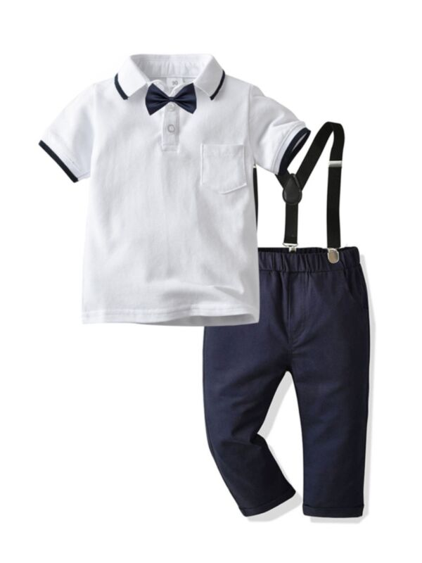 2 PCS Little Boy Outfit Bow Polo Shirt Matching Suspender Pants