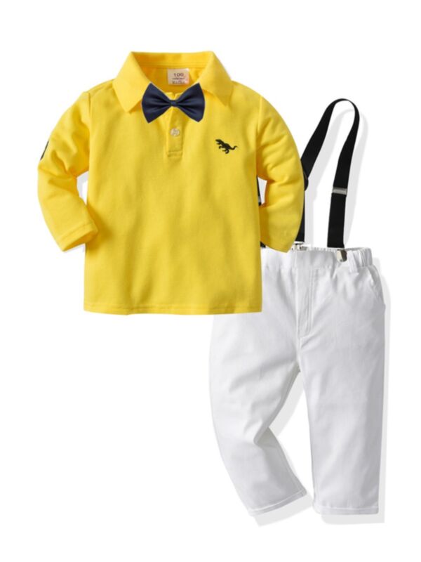 2 Pieces Kid Boy Outfit Bowtie Polo T-Shirt And Overall Trousers