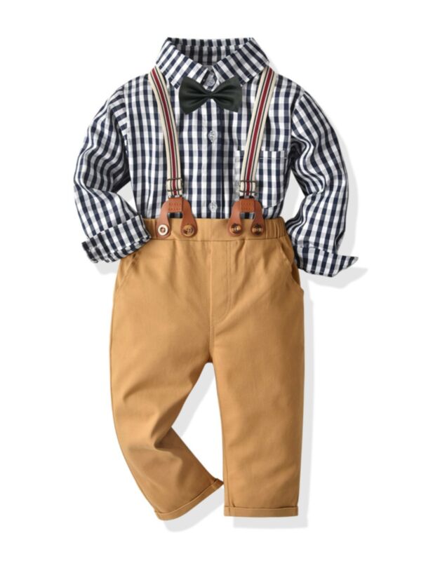 2 Pieces Kid Boy Outfit Bowtie Checked Shirt And Overall Pants