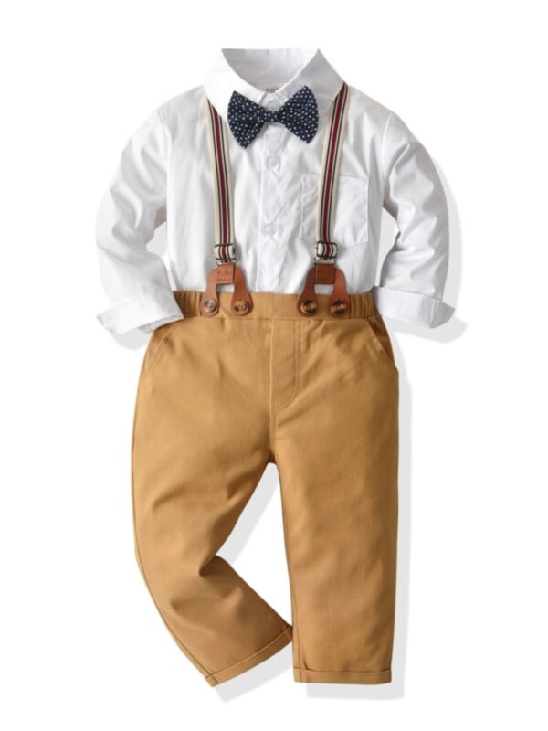 2 PCS Boy Polka Dots Bow Tie Shirt Matching Suspender Pants Gentleman Outfit