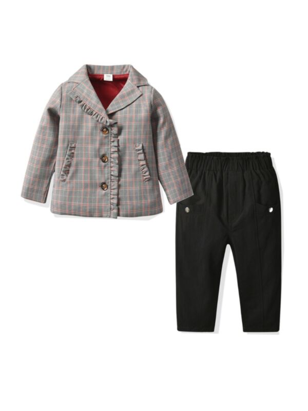 2 Pieces Kid Girl Outfit Ruffle Trim Plaid Jacket With Pants