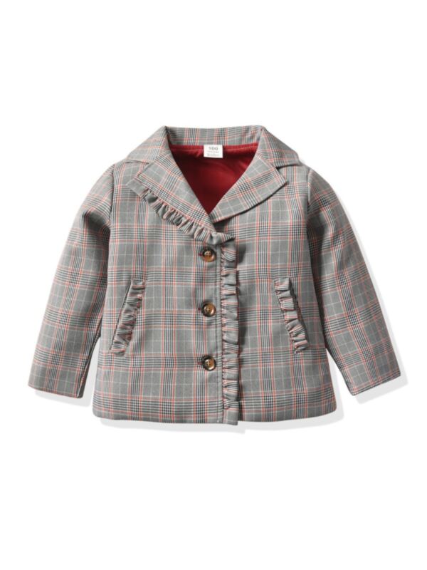 Kid Girl Ruffle Trim Button-up Plaid Jacket