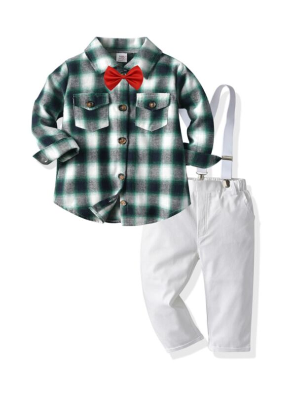 Two Pieces Grid Pattern Shirt With Suspender Pants Boy Set