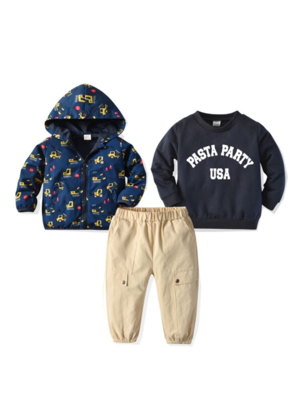 3 Pieces Kid Boy Set Sweatshirt & Car Hooded Coat & Pants