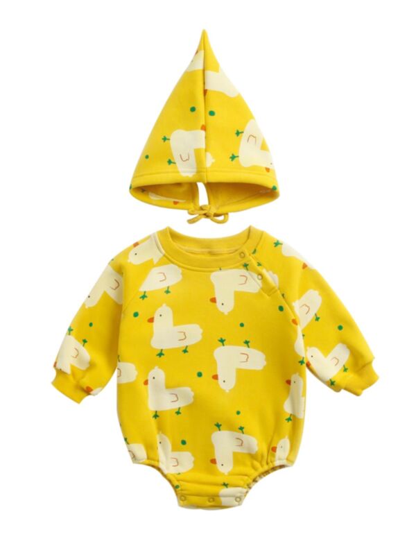 2 Pieces Infant Toddler Duck Yellow Bodysuit & Hat