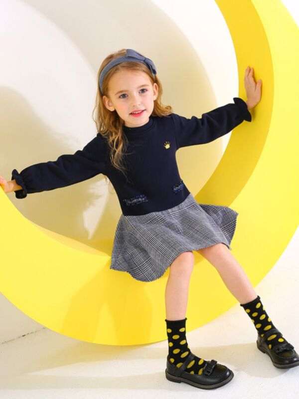 Kid Girl Crown Plaid Patchwork Dress