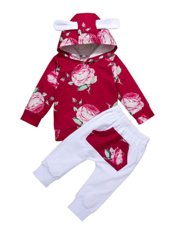 2 Pieces Baby Girl Floral Rabbit Ear Hoodie With Trousers Set