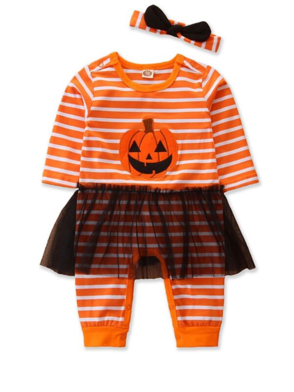2 Pieces Baby Girl Halloween Stripe Mesh Jumpsuit And Headband