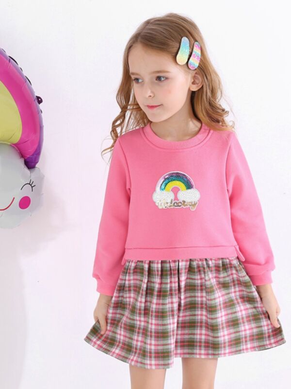 Kid Girl Sequins Rainbow Plaid Dress