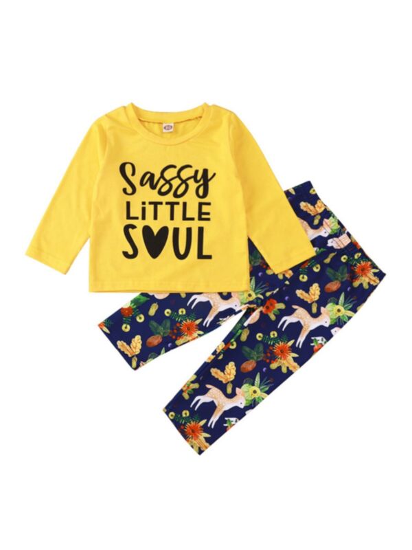 2 Pieces Baby Girl Set Letters Yellow Top With Deer Pants