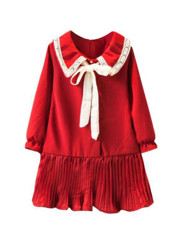 Kid Girl Turn Down Collar Pleated Hem Dress