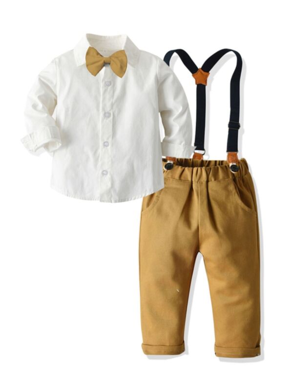 2 Pieces Kid Boy Gentleman Set Bowtie White Shirt With Overall Pants
