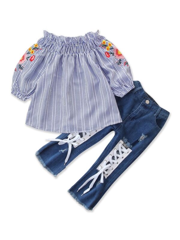 2-Pieces Kid Girl Set Off Shoulder Stripe Top And Jeans
